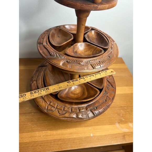 3 tired lazy Susan MCM mid century modern wooden hand carved money pod pineapple - Picture 2 of 9